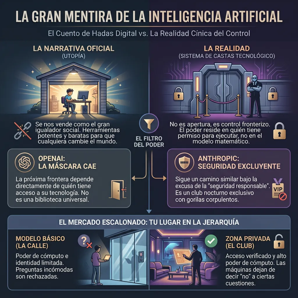 Infografía titulada "La gran mentira de la Inteligencia Artificial" que contrasta la narrativa oficial utópica de la IA como igualador social frente a la realidad de un sistema de castas tecnológico. Ilustra cómo el filtro del poder y empresas como OpenAI o Anthropic crean un mercado escalonado que divide a los usuarios entre un modelo básico limitado ("la calle") y una zona privada con privilegios ("el club").
