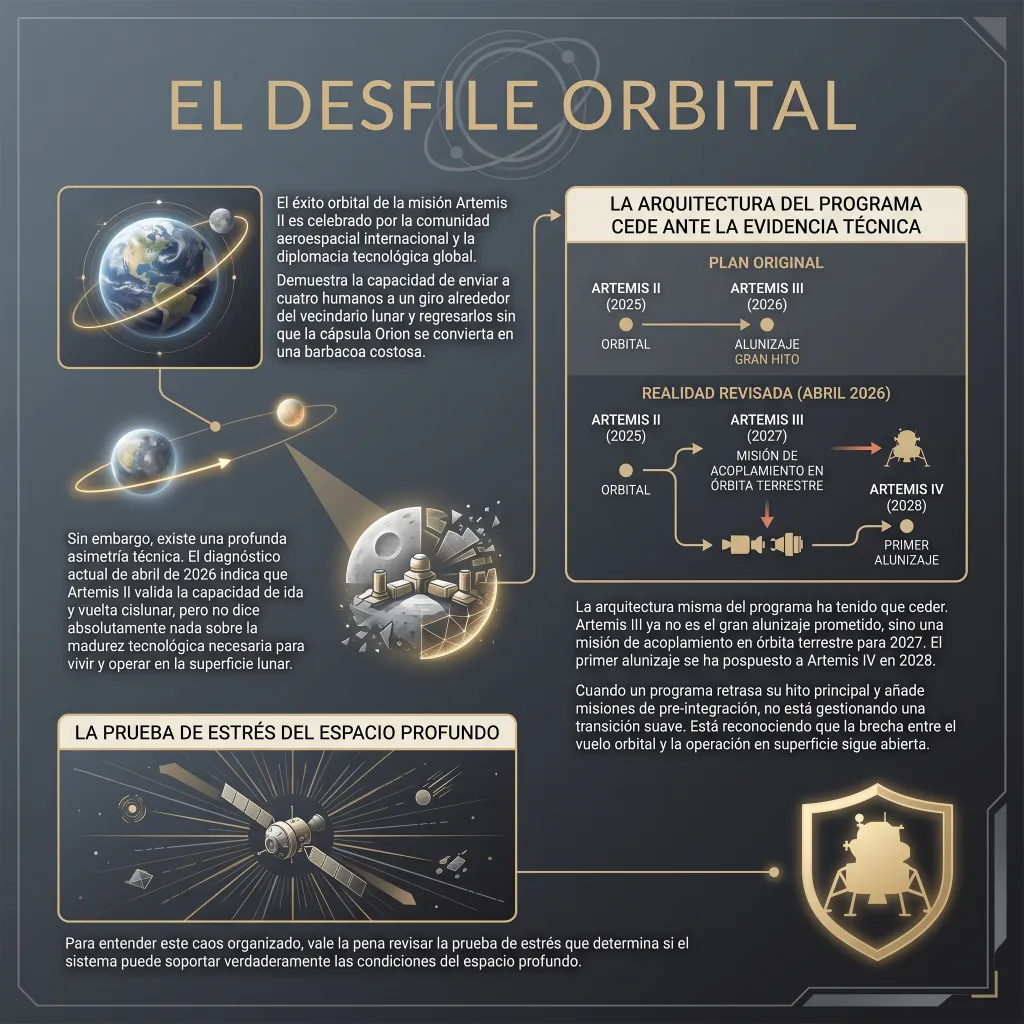 Infografía titulada "El Desfile Orbital" que analiza la brecha entre el éxito orbital y la operación en la superficie lunar del programa Artemis. Contiene un diagrama comparativo: el "Plan Original" situaba el alunizaje en Artemis III (2026), mientras que la "Realidad Revisada a abril de 2026" muestra que Artemis III será una misión de acoplamiento en órbita terrestre en 2027 y el primer alunizaje se pospone a Artemis IV en 2028. Incluye ilustraciones de la trayectoria cislunar de la cápsula Orion, una representación de la Luna y una sección sobre pruebas de estrés en el espacio profundo.