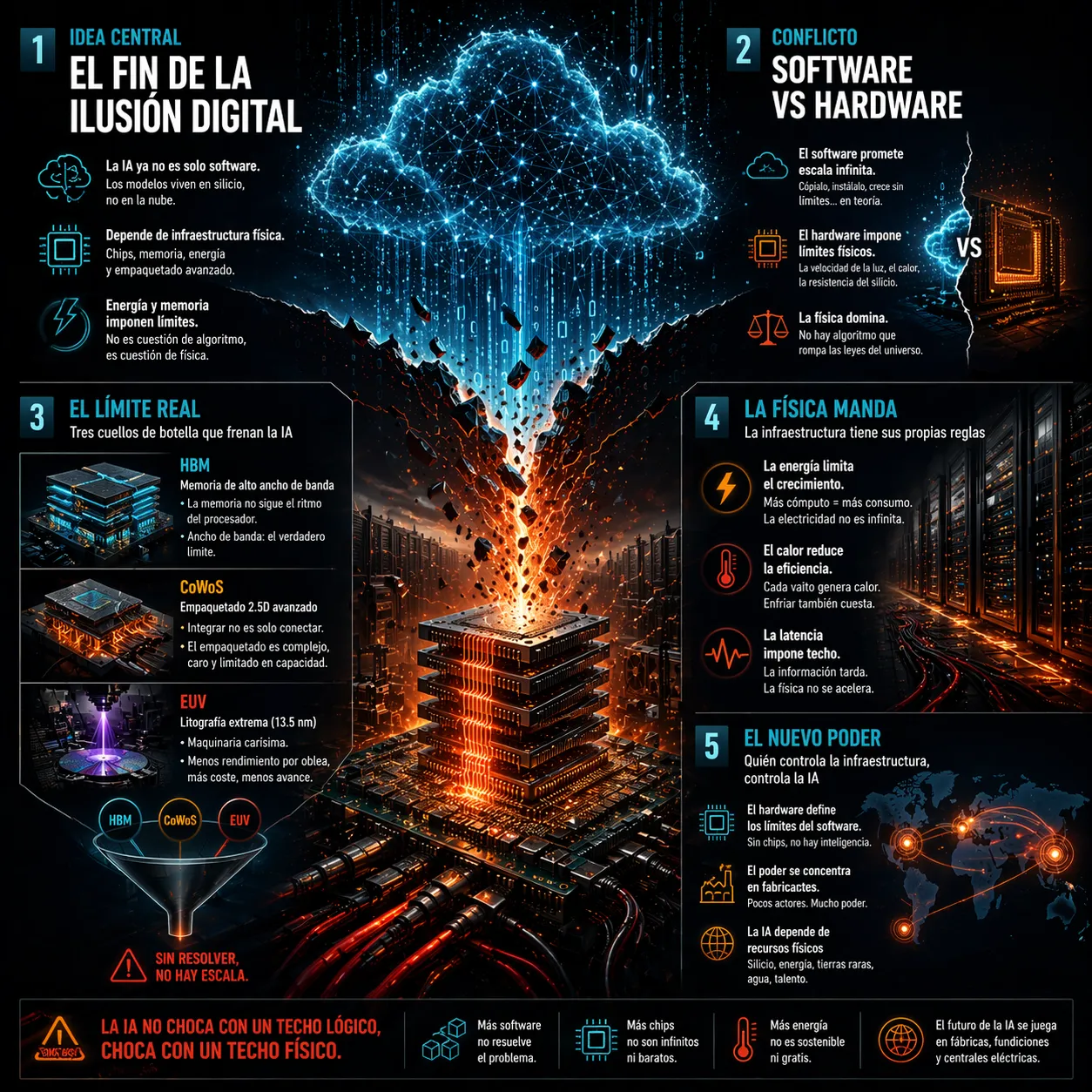 Infografía sobre el fin de la ilusión digital en inteligencia artificial que muestra cómo el software depende de infraestructura física como memoria HBM, empaquetado CoWoS, litografía EUV, energía y centros de datos, destacando que la IA choca con límites físicos y no solo lógicos.