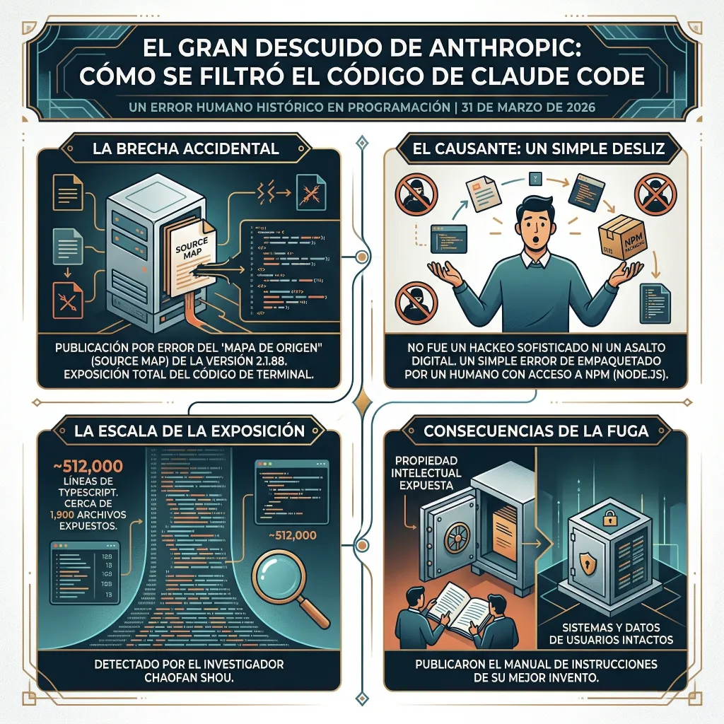 Infografía que explica la filtración accidental del código de Claude Code de Anthropic, mostrando la causa, escala de exposición y consecuencias de la brecha.