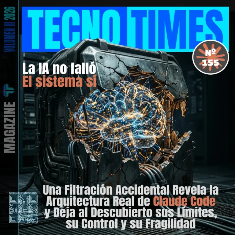 Portada del artículo Nº 155 de TecnoTimes que muestra un sistema tecnológico abierto y dañado con un cerebro digital expuesto, simbolizando la fragilidad de la arquitectura de Claude Code tras una filtración.