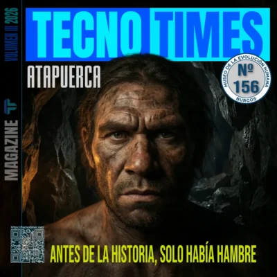 Portada de TecnoTimes nº 156 sobre Atapuerca con retrato de Homo antecessor en una cueva y el mensaje “Antes de la historia, solo había hambre”
