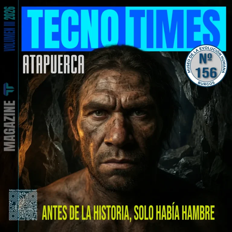 Portada de TecnoTimes nº 156 sobre Atapuerca con retrato de Homo antecessor en una cueva y el mensaje “Antes de la historia, solo había hambre”
