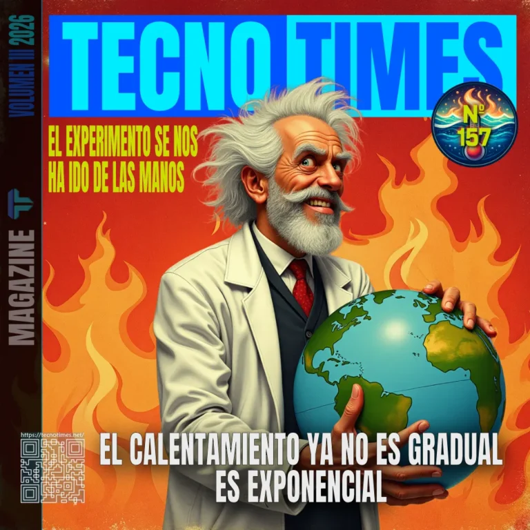 Portada del artículo Nº 157 de TecnoTimes con un científico de pelo blanco sosteniendo el planeta Tierra sobre un fondo de llamas, con el texto “El calentamiento ya no es gradual, es exponencial”.