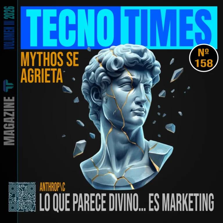 Portada de la revista Tecno Times con una escultura de David agrietada y unida con vetas doradas sobre un fondo negro. Incluye los textos "Mythos se agrieta" y "Lo que parece divino... es marketing", junto al logo de Anthropic.