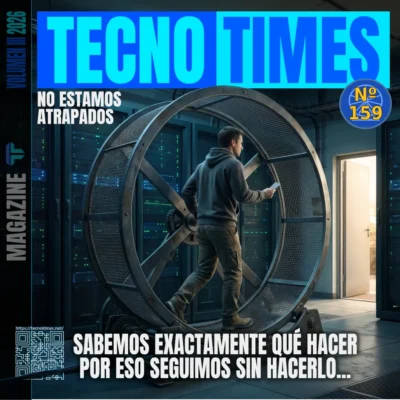 Portada del artículo Nº 159 de TecnoTimes que muestra a una persona caminando en una rueda de hámster dentro de un centro de datos con una puerta abierta al fondo, simbolizando la inacción pese a tener soluciones tecnológicas disponibles