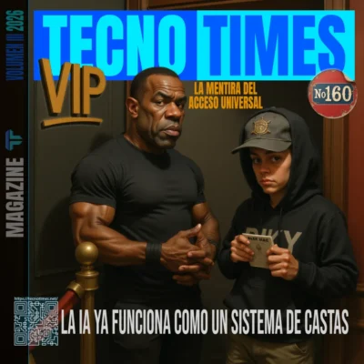 Portada de la revista Tecno Times número 160. Muestra a un guarda de seguridad de aspecto imponente junto a una persona con sudadera frente a una entrada acordonada. Destacan los textos "VIP", "La mentira del acceso universal" y "La IA ya funciona como un sistema de castas".
