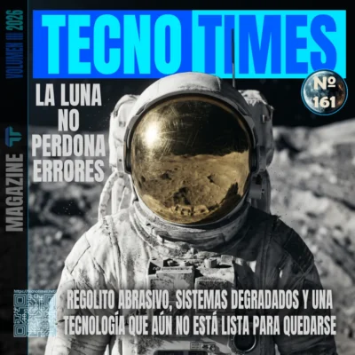 Portada de la revista TecnoTimes No. 161 que muestra a un astronauta en la superficie de la Luna con un visor dorado que refleja el paisaje lunar. El titular principal reza "La Luna no perdona errores" y el subtítulo destaca el regolito abrasivo, los sistemas degradados y la inmadurez tecnológica para una estancia permanente.