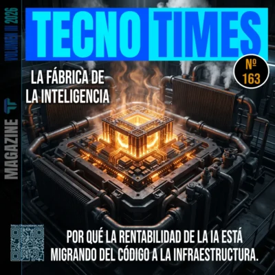 Portada del artículo Nº 163 de TecnoTimes que muestra un chip incandescente en una infraestructura industrial con disipación térmica, simbolizando la inteligencia artificial como sistema físico basado en silicio, energía y hardware, no solo en software.