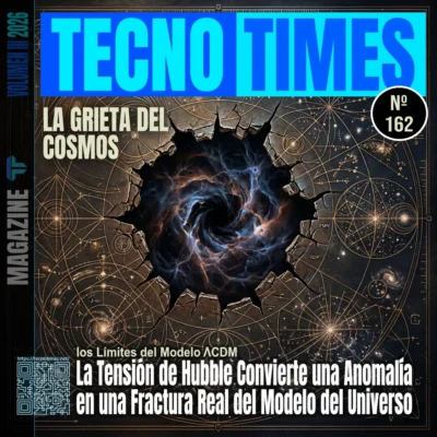 Aquí lo tienes, Jose. Portada optimizada y alineada con tu línea editorial: Texto alternativo (ALT) Portada del artículo Nº 162 de TecnoTimes titulada “La grieta del cosmos”, con una fractura central en el universo que simboliza la tensión de Hubble y el colapso del modelo cosmológico ΛCDM.