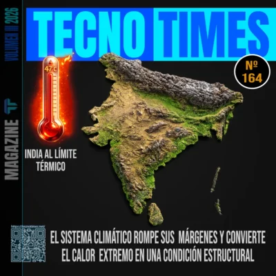 Portada de la revista Tecno Times Nº 164 titulada "India al límite térmico". Presenta un mapa en relieve de la India sobre un fondo negro, junto a un termómetro incandescente que marca 47ºC. En la parte inferior destaca el texto sobre el sistema climático rompiendo sus márgenes y convirtiendo el calor en una condición estructural.