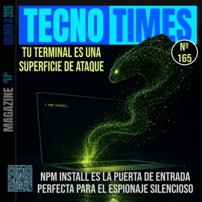 Portada de la revista Tecno Times número 165, que muestra un portátil con el comando "npm install" en pantalla del cual emerge un espectro verde digital en forma de serpiente o gusano.