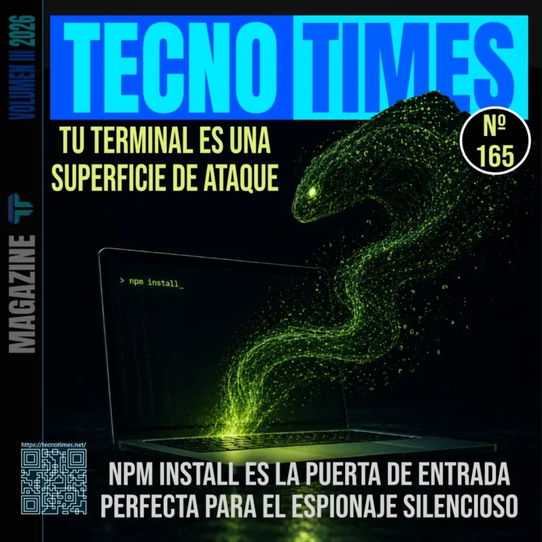 Portada de la revista Tecno Times número 165, que muestra un portátil con el comando "npm install" en pantalla del cual emerge un espectro verde digital en forma de serpiente o gusano.