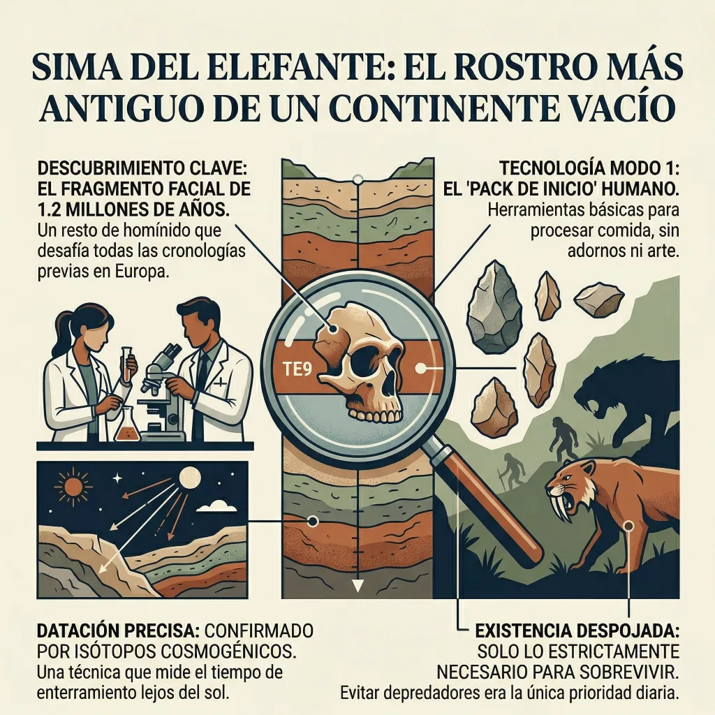 Infografía sobre la Sima del Elefante en Atapuerca que muestra el hallazgo de un fragmento facial de 1,2 millones de años, las herramientas del Modo 1 y el contexto de supervivencia en la prehistoria europea.