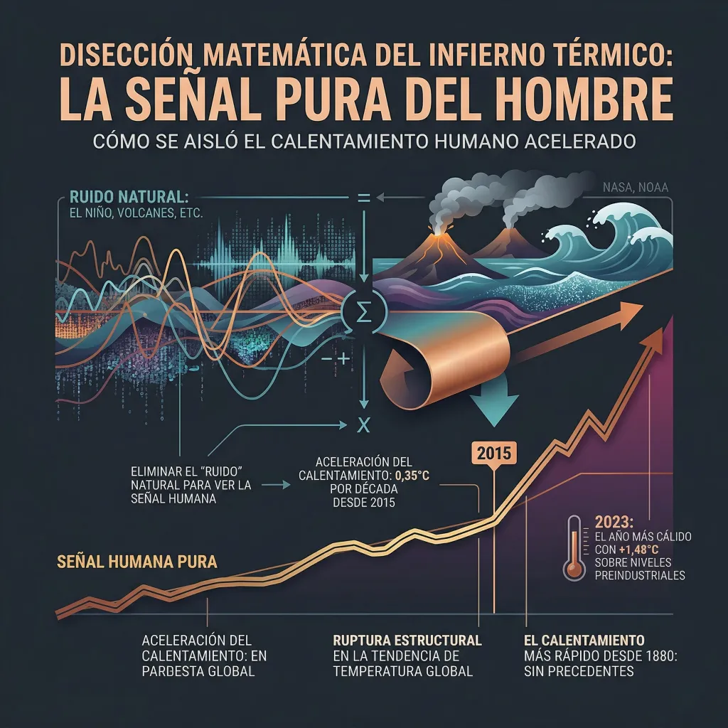Ruptura estructural y aceleración del calentamiento global Infografía sobre el calentamiento global acelerado con mensajes superpuestos que destacan la ruptura estructural en la tendencia de la temperatura y el aumento más rápido registrado desde 1880.