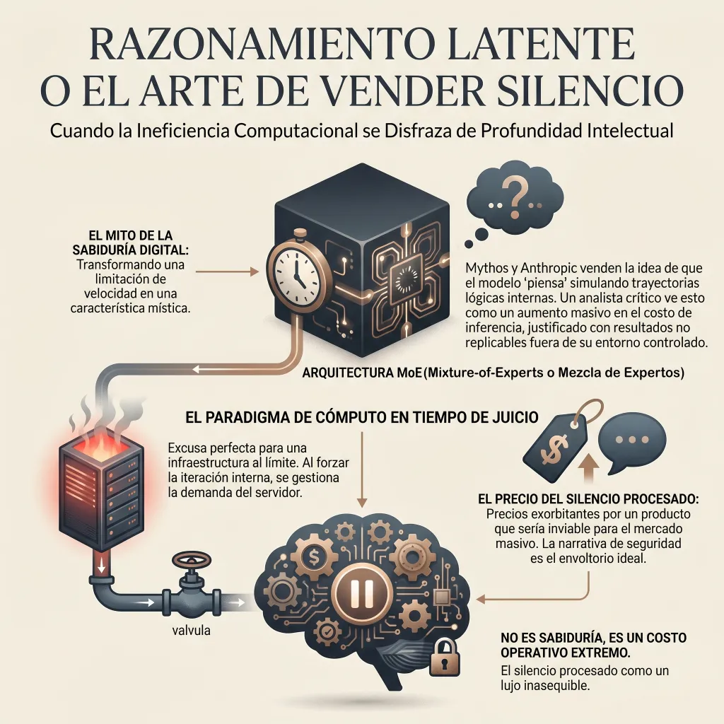 Infografía titulada "Razonamiento latente o el arte de vender silencio". Muestra un flujo que conecta un cubo tecnológico con reloj, servidores en llamas, una válvula y un cerebro con engranajes. El diseño explica de forma crítica la ineficiencia computacional y los altos costes operativos disfrazados de profundidad intelectual en modelos de IA.