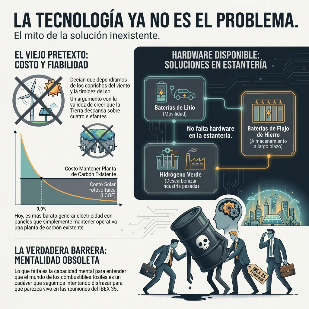 Infografía sobre la transición energética que muestra que la tecnología ya no es el problema y que existen soluciones como baterías de litio, hidrógeno verde y energías renovables frente a la dependencia de combustibles fósiles