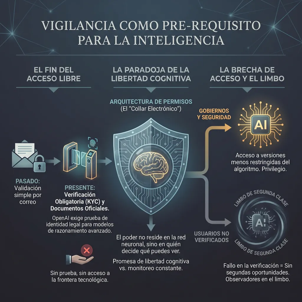 Infografía titulada "Vigilancia como pre-requisito para la inteligencia". Describe tres conceptos: "El fin del acceso libre", que contrasta la validación tradicional por correo con la actual verificación obligatoria (KYC) para acceder a IA avanzada; "La paradoja de la libertad cognitiva", representada como una arquitectura de permisos donde el control prima sobre la red neuronal; y "La brecha de acceso y el limbo", que ilustra cómo los gobiernos y la seguridad obtienen acceso privilegiado, mientras que los usuarios no verificados quedan bloqueados en un "limbo de segunda clase".