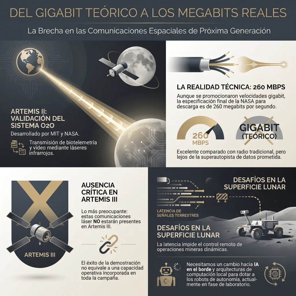 Infografía titulada "Del gigabit teórico a los megabits reales: La Brecha en las Comunicaciones Espaciales de Próxima Generación". Se divide en cuatro paneles técnicos:Artemis II: Describe la validación del sistema O2O desarrollado por el MIT y la NASA para transmitir biotelemetría y vídeo mediante láseres infrarrojos.La Realidad Técnica: Compara gráficamente la velocidad de descarga real de 260 Mbps frente al gigabit teórico prometido.Ausencia en Artemis III: Advierte que las comunicaciones láser no estarán presentes en la próxima misión, evidenciando que el éxito de la prueba no implica capacidad operativa inmediata.Desafíos en la Superficie: Explica cómo la latencia de las señales terrestres impide el control remoto de minería, señalando la necesidad de IA en el borde (Edge AI) para la autonomía robótica.