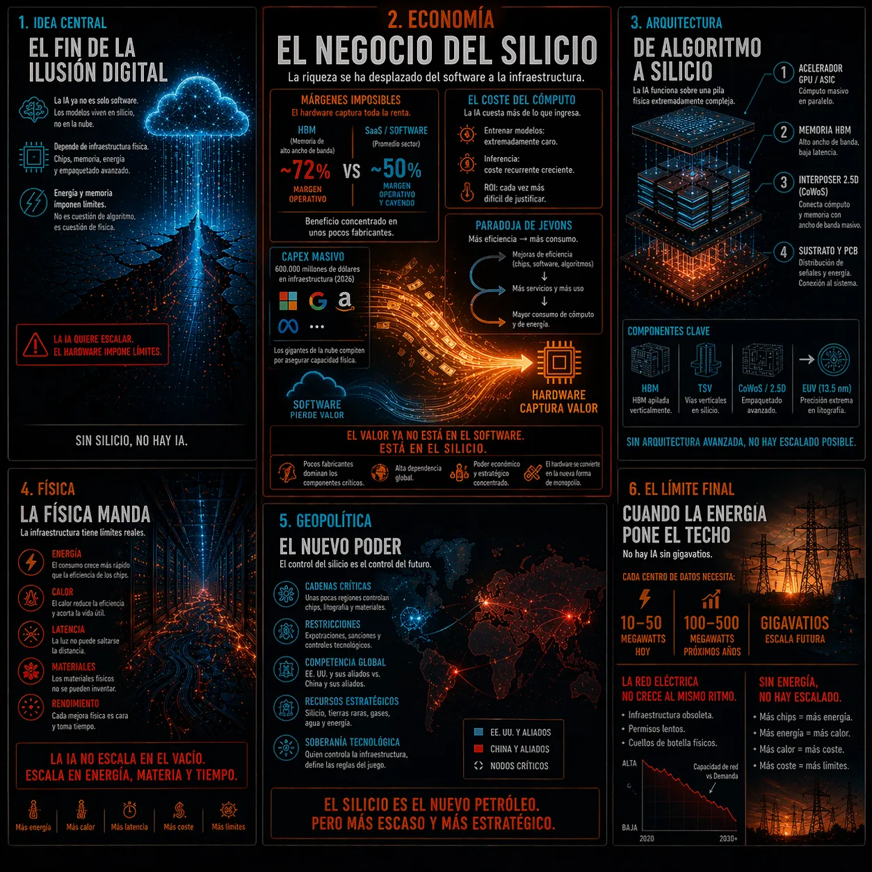 Infografía sobre la economía y arquitectura de la inteligencia artificial que explica cómo el valor se desplaza del software al hardware, destacando memoria HBM, empaquetado CoWoS, litografía EUV, costes de cómputo, geopolítica del silicio y límites energéticos que condicionan el escalado de la IA.