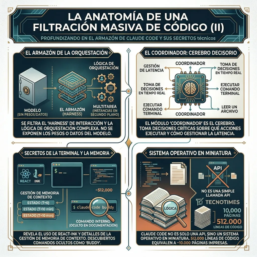 Infografía titulada “La anatomía de una filtración masiva de código (II)” que desglosa la arquitectura interna de Claude Code, incluyendo orquestación, coordinador, gestión de memoria y su funcionamiento como sistema operativo en miniatura.