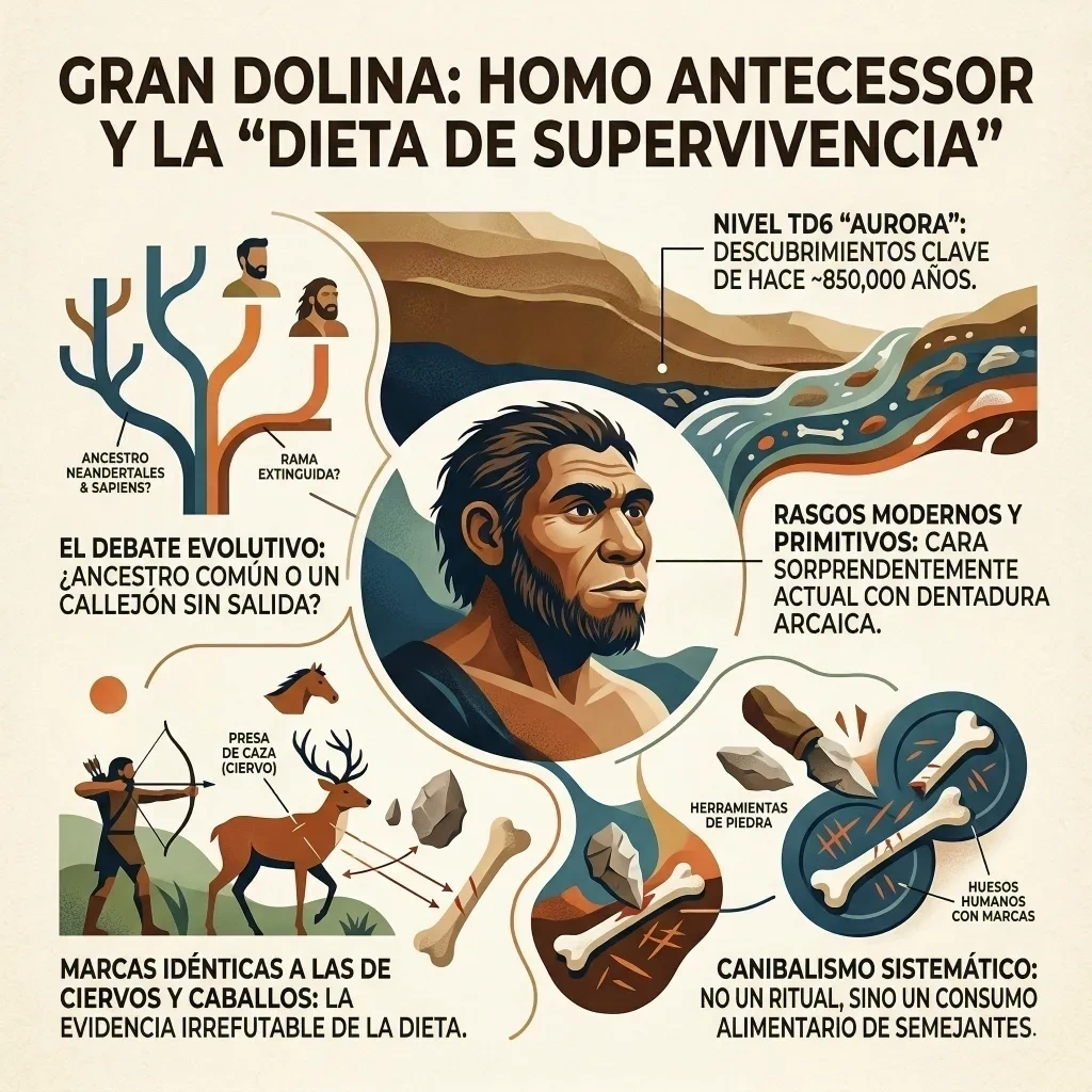 Infografía sobre la Gran Dolina en Atapuerca que explica el Homo antecessor, el debate evolutivo y la evidencia de canibalismo como estrategia de supervivencia.