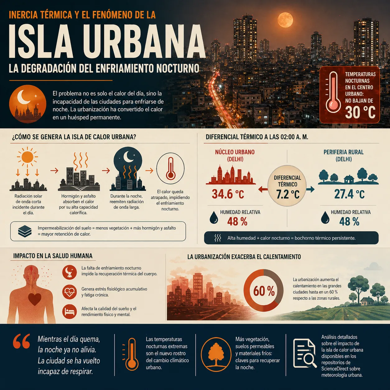 Infografía sobre la inercia térmica y el fenómeno de la isla de calor urbana. Explica el proceso de absorción de calor por hormigón y asfalto durante el día y su reemisión nocturna. Incluye una comparativa de diferencial térmico a las 02:00 A.M. entre el núcleo urbano de Delhi ($34.6 \text{°C}$) y su periferia rural ($27.4 \text{°C}$), además de los impactos en la salud humana por la falta de enfriamiento nocturno.