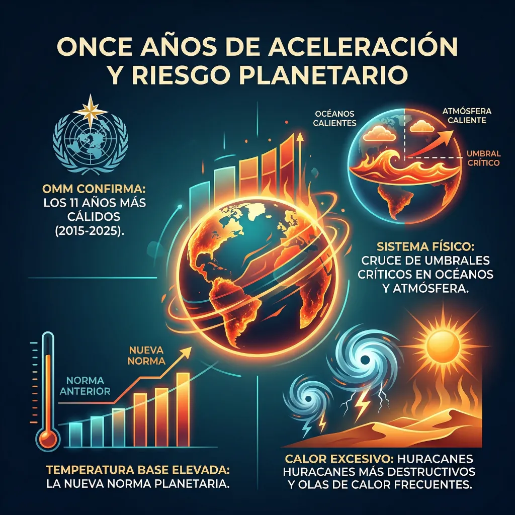Nueva norma climática y aceleración del calentamiento global Infografía del calentamiento global que muestra un gráfico ascendente con transición de colores fríos a cálidos y comparación entre la norma anterior y una nueva norma climática más elevada.