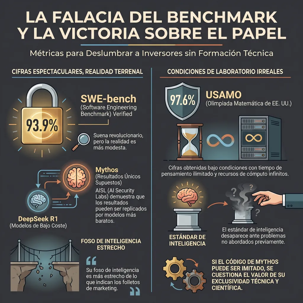 Infografía titulada "La falacia del benchmark y la victoria sobre el papel". Presenta iconos de un candado dorado con el número 93.9%, un escudo con 97.6%, un reloj de arena, servidores y un puente roto. El contenido cuestiona la validez real de las métricas en modelos de IA frente a condiciones de laboratorio irreales.