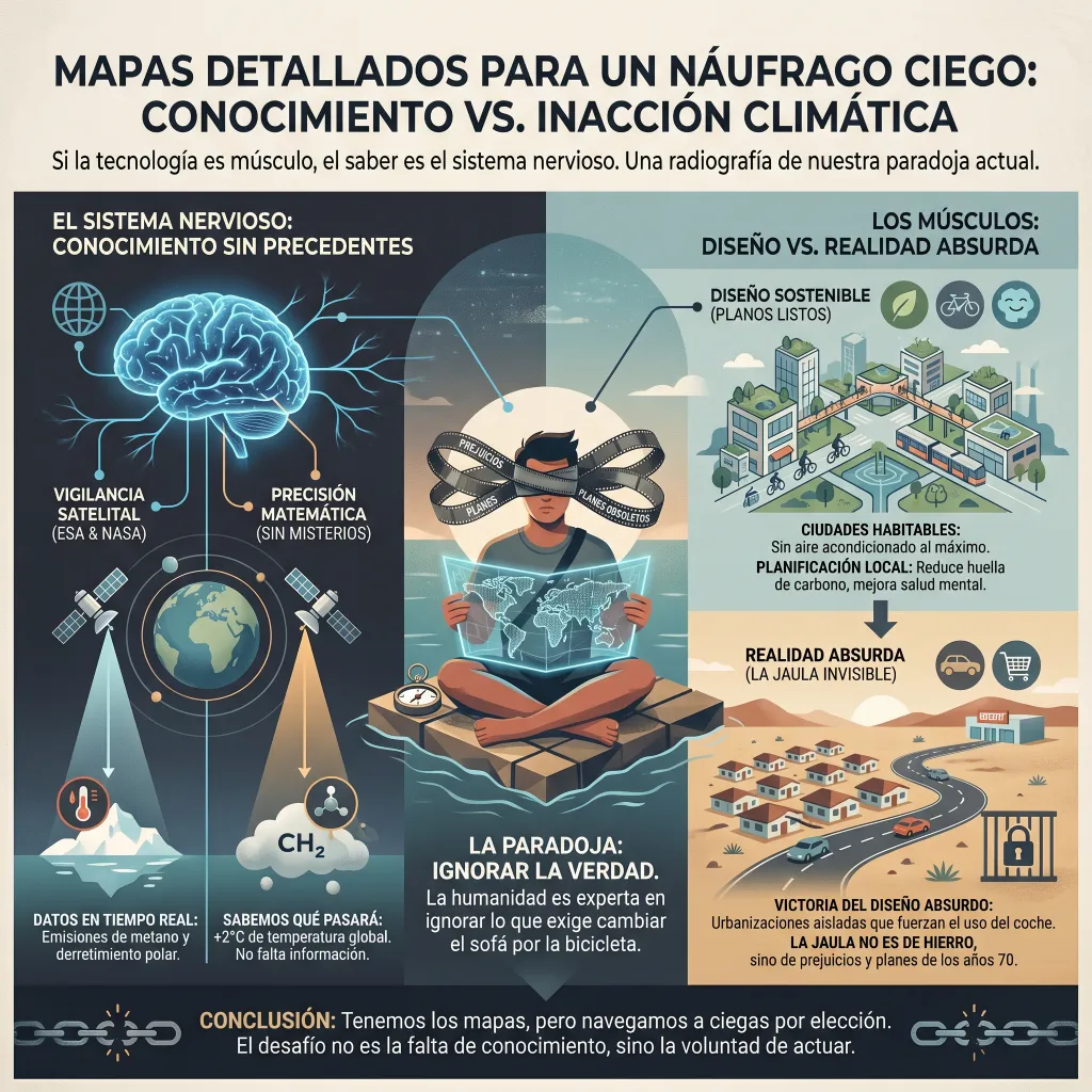 Infografía sobre el conocimiento climático y la inacción que muestra cómo disponemos de datos precisos y soluciones sostenibles pero seguimos ignorando la evidencia en la planificación urbana y energética