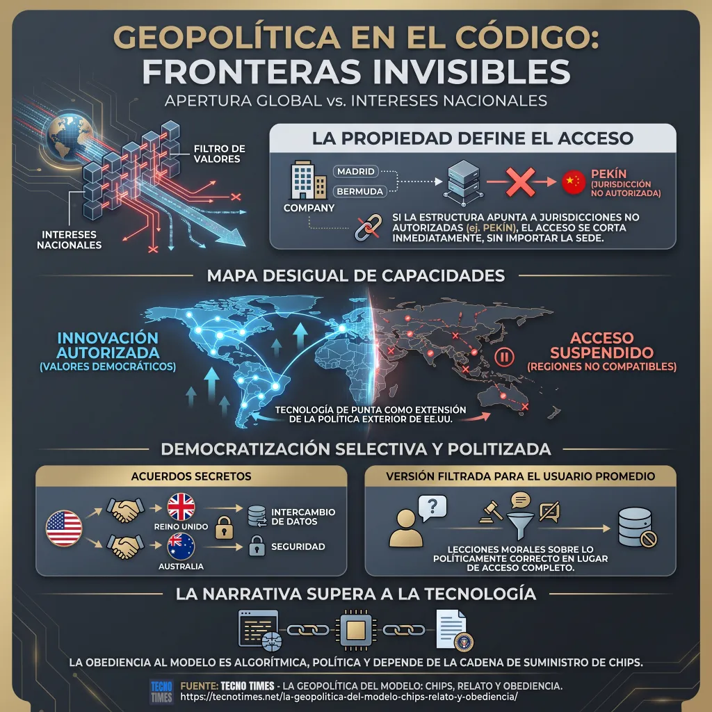 Infografía "Geopolítica en el código: Fronteras invisibles" de TecnoTimes. Ilustra la tensión entre apertura global e intereses nacionales en la IA. Detalla cómo la estructura de propiedad bloquea jurisdicciones no autorizadas (ej. Pekín), muestra un mapa mundial fragmentado entre "innovación autorizada" y "acceso suspendido" dictado por la política exterior de EE.UU., contrasta los acuerdos secretos gubernamentales con las versiones filtradas moralmente para el usuario promedio, y concluye que la obediencia del modelo depende de la política y la cadena de suministro de chips.