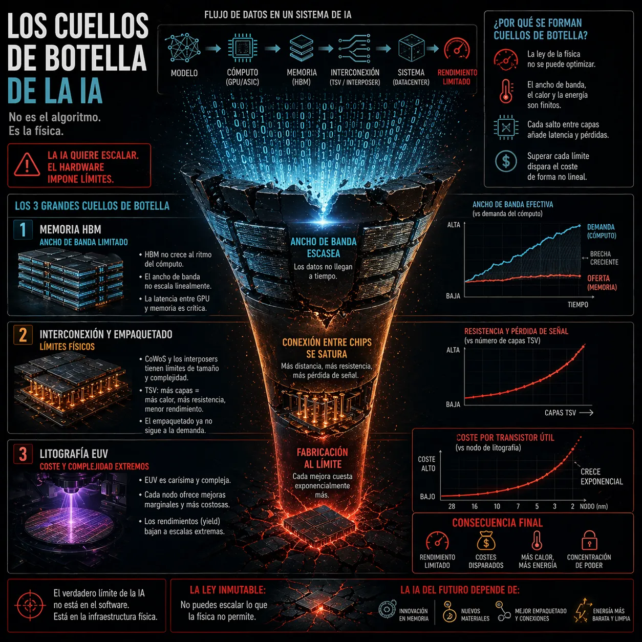 Infografía sobre los cuellos de botella de la inteligencia artificial que muestra cómo la memoria HBM, la interconexión entre chips, el empaquetado avanzado y la litografía EUV limitan el rendimiento, destacando problemas de ancho de banda, latencia, coste energético y restricciones físicas en el escalado de la IA.
