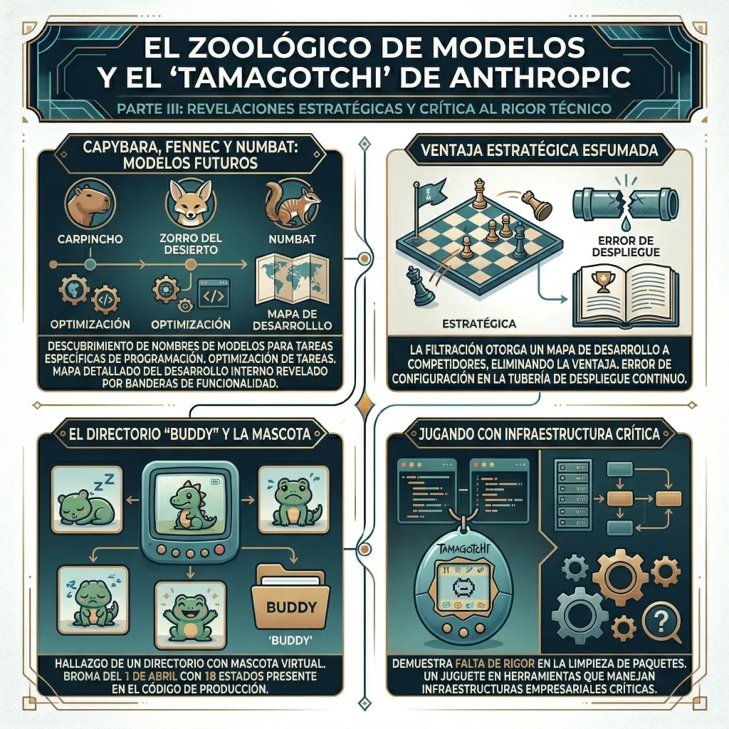 Infografía titulada “El zoológico de modelos y el ‘Tamagotchi’ de Anthropic” que muestra nombres internos de modelos como capibara, fennec y numbat, junto con implicaciones estratégicas de la filtración y hallazgos como el directorio “buddy”.