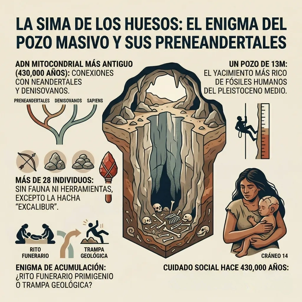 Infografía sobre la Sima de los Huesos en Atapuerca que muestra la acumulación de restos humanos, el ADN mitocondrial antiguo y el debate sobre su origen entre rito funerario o trampa geológica.