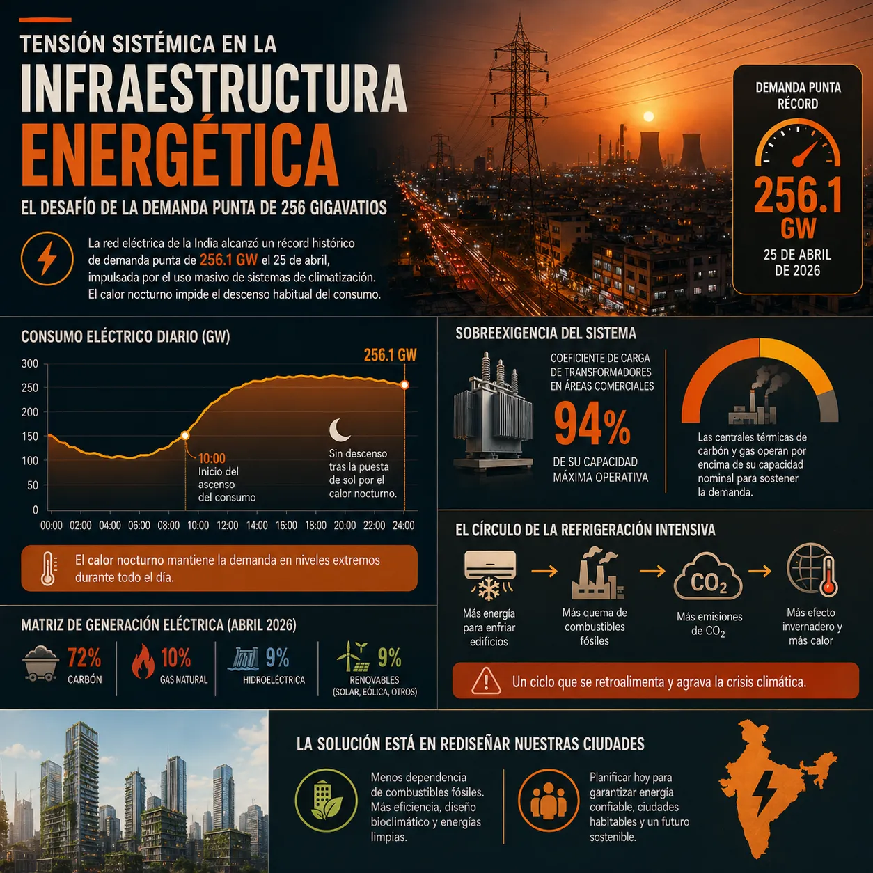Infografía sobre la tensión sistémica en la infraestructura energética de la India ante el récord de demanda punta de 256.1 GW en abril de 2026. Incluye un gráfico de consumo eléctrico diario, la sobreexigencia de transformadores al 94% de su capacidad, la matriz de generación liderada por carbón (72%) y el ciclo de retroalimentación de la refrigeración intensiva.