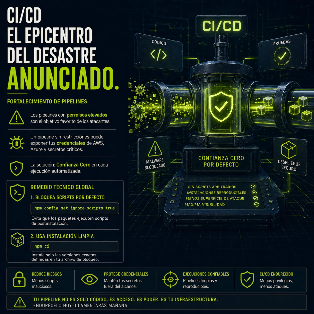 Infografía sobre seguridad en CI/CD y fortalecimiento de pipelines mediante el bloqueo de scripts y uso de npm ci.