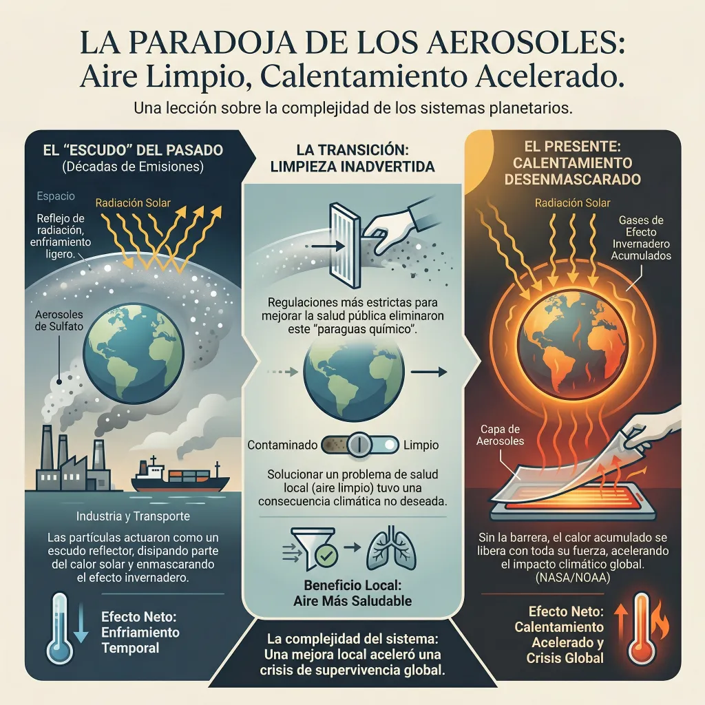 Paradoja de los aerosoles y calentamiento global acelerado Infografía sobre la paradoja de los aerosoles dividida en tres secciones que muestran el efecto de enfriamiento por partículas en el pasado, la eliminación de aerosoles por regulaciones y el calentamiento acelerado actual por gases de efecto invernadero