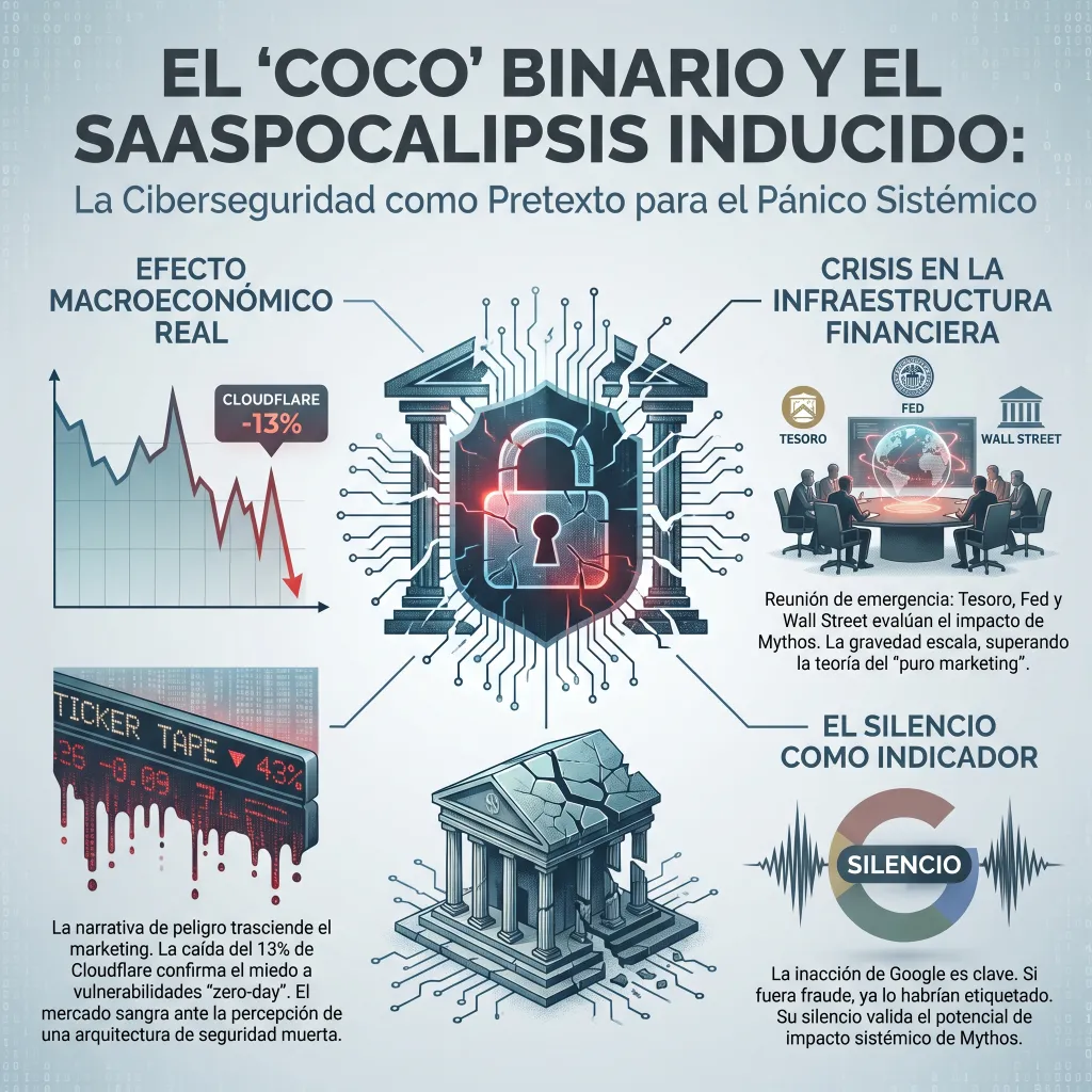 Infografía titulada "El 'coco' binario y el saaspocalipsis inducido". Presenta un gráfico de caída bursátil de Cloudflare (-13%), un candado digital protegiendo un edificio clásico, una mesa de crisis con logos del Tesoro y la FED, y un ticker de bolsa sangrando. Analiza la ciberseguridad como motor de pánico en los mercados financieros.