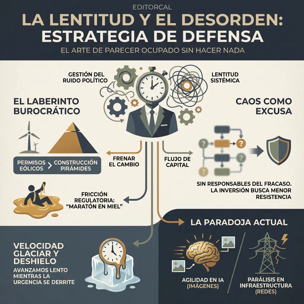 Infografía sobre la lentitud burocrática y el desorden político que frenan la transición energética mostrando cómo la regulación, la ineficiencia y la falta de responsabilidad bloquean el cambio
