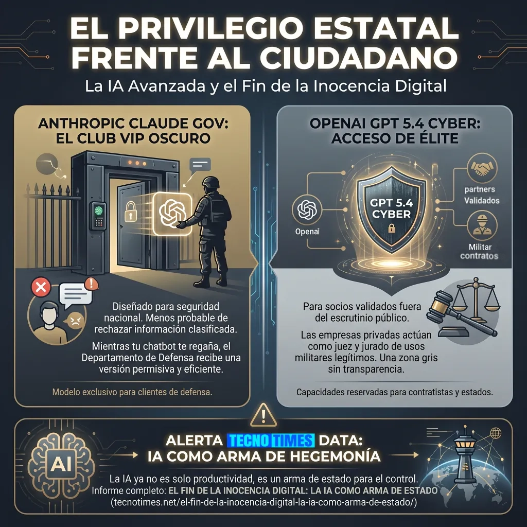 Infografía titulada "El privilegio estatal frente al ciudadano: La IA Avanzada y el Fin de la Inocencia Digital". La imagen se divide en dos secciones principales: a la izquierda, "Anthropic Claude Gov", ilustrando cómo el sector de defensa recibe modelos permisivos mientras el usuario común enfrenta restricciones; a la derecha, "OpenAI GPT 5.4 Cyber", mostrando un acceso de élite exclusivo para contratistas militares y estados operando en una zona gris. En la parte inferior, una alerta de Tecno Times advierte que la IA se ha convertido en un arma de hegemonía y control estatal.