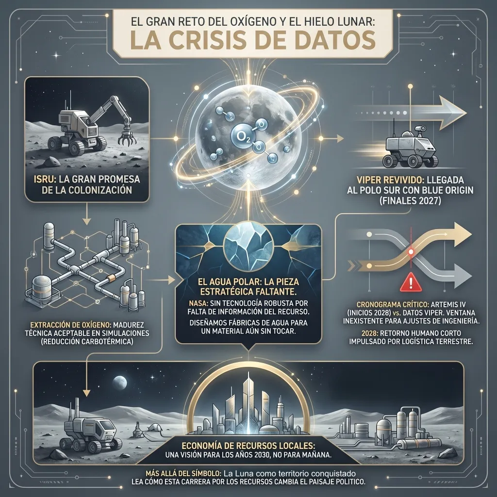 Infografía titulada "El gran reto del oxígeno y el hielo lunar: La crisis de datos". El gráfico describe la utilización de recursos in-situ (ISRU) como la gran promesa de la colonización, señalando que la extracción de oxígeno mediante reducción carbotérmica ya es madura en simulaciones. Sin embargo, advierte sobre la falta de tecnología robusta para procesar agua polar debido a la carencia de datos reales sobre el hielo. Incluye un cronograma crítico: el rover VIPER llegará a finales de 2027, pero como Artemis IV despega a inicios de 2028, no habrá tiempo para ajustar la ingeniería de superficie con esos datos. La imagen concluye que la economía de recursos locales es una visión para la década de 2030.