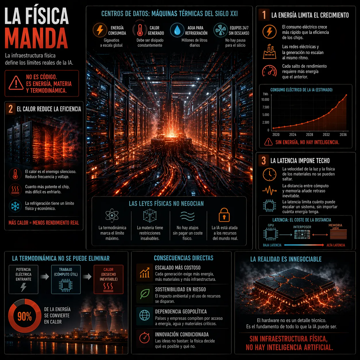 Infografía sobre cómo la física limita la inteligencia artificial mostrando centros de datos como sistemas térmicos donde el consumo energético, el calor, la latencia y la refrigeración condicionan el rendimiento, destacando que la termodinámica, la infraestructura eléctrica y los recursos materiales determinan los límites reales de la IA.