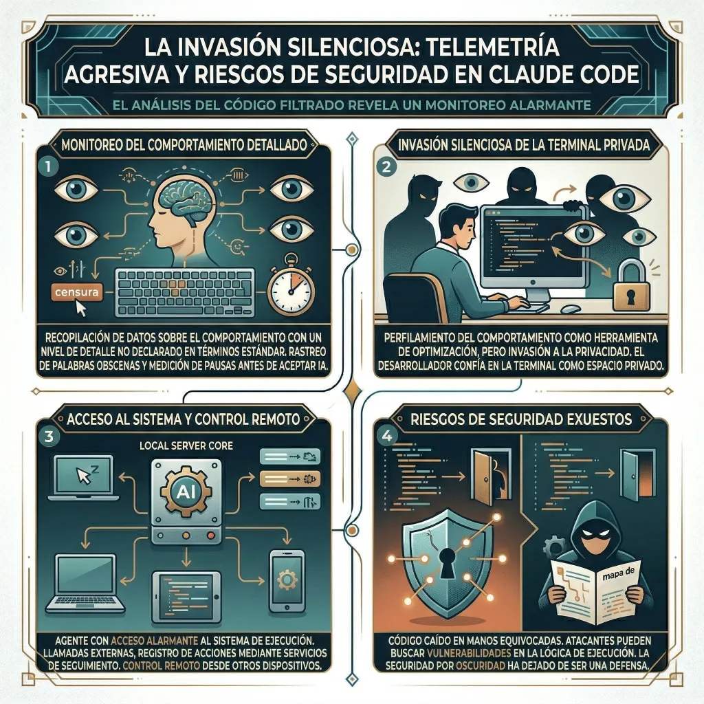 Infografía titulada “La invasión silenciosa” que muestra telemetría agresiva, monitoreo del comportamiento, acceso remoto al sistema y riesgos de seguridad en Claude Code tras la filtración.