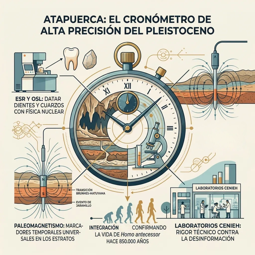 Infografía sobre Atapuerca que muestra las técnicas de datación como ESR, OSL y paleomagnetismo, destacando su papel como cronómetro de alta precisión del Pleistoceno.