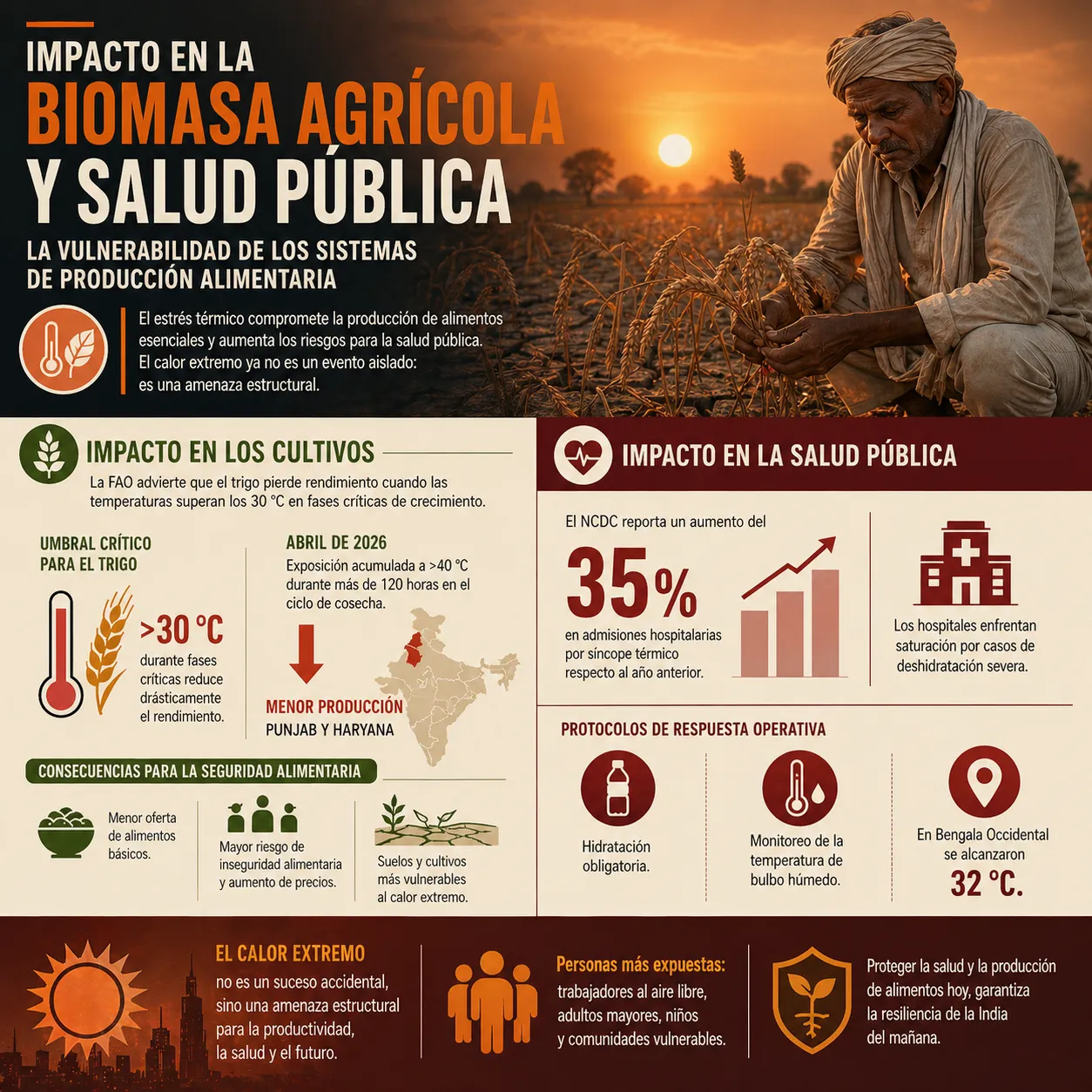 Infografía sobre el impacto del calor extremo en la biomasa agrícola y la salud pública. Detalla el umbral crítico para el trigo 30\°C, la caída de producción en Punjab y Haryana, y un aumento del 35% en admisiones hospitalarias por síncope térmico. Muestra protocolos de respuesta como el monitoreo de la temperatura de bulbo húmedo y destaca la vulnerabilidad de la seguridad alimentaria.