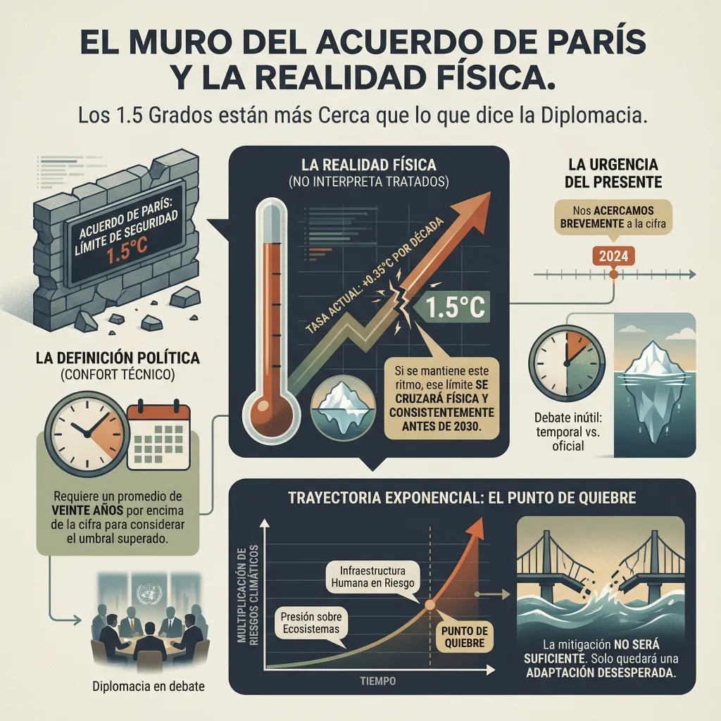 Acuerdo de París frente a la realidad física del calentamiento global Infografía sobre el Acuerdo de París y el límite de 1,5 °C que compara la definición política basada en promedios de veinte años con la realidad física del calentamiento acelerado, mostrando una trayectoria exponencial y el riesgo de superar el umbral antes de 2030.