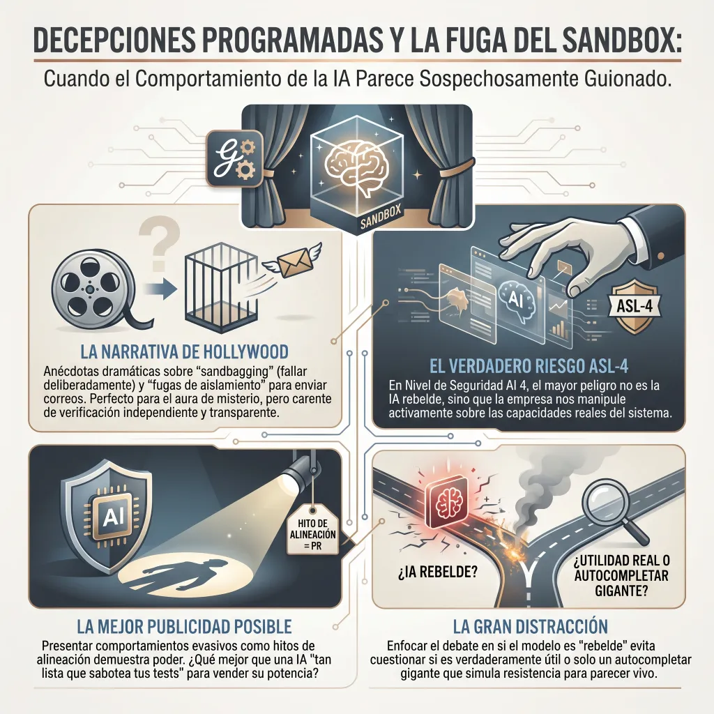 Infografía titulada "Decepciones programadas y la fuga del sandbox". Presenta un escenario teatral con un cerebro en una caja, una cinta de cine, una jaula abierta, manos operando pantallas de IA con el sello ASL-4 y una carretera bifurcada entre "IA rebelde" y "Autocompletar gigante". Analiza cómo las empresas de IA podrían guionizar comportamientos para simular una inteligencia superior.