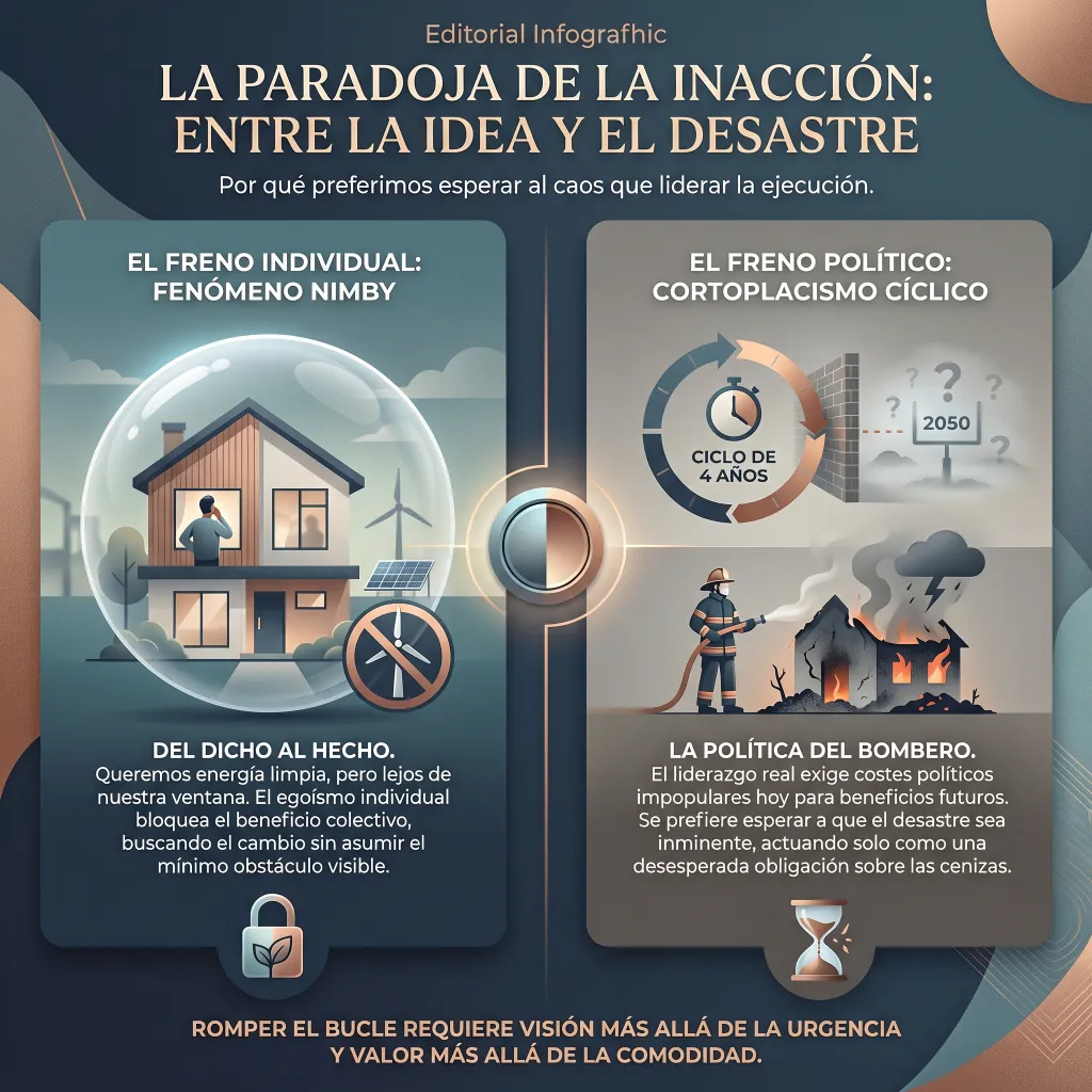 Infografía sobre la inacción climática que muestra cómo el fenómeno NIMBY y el cortoplacismo político bloquean la ejecución de soluciones energéticas pese a la urgencia del cambio
