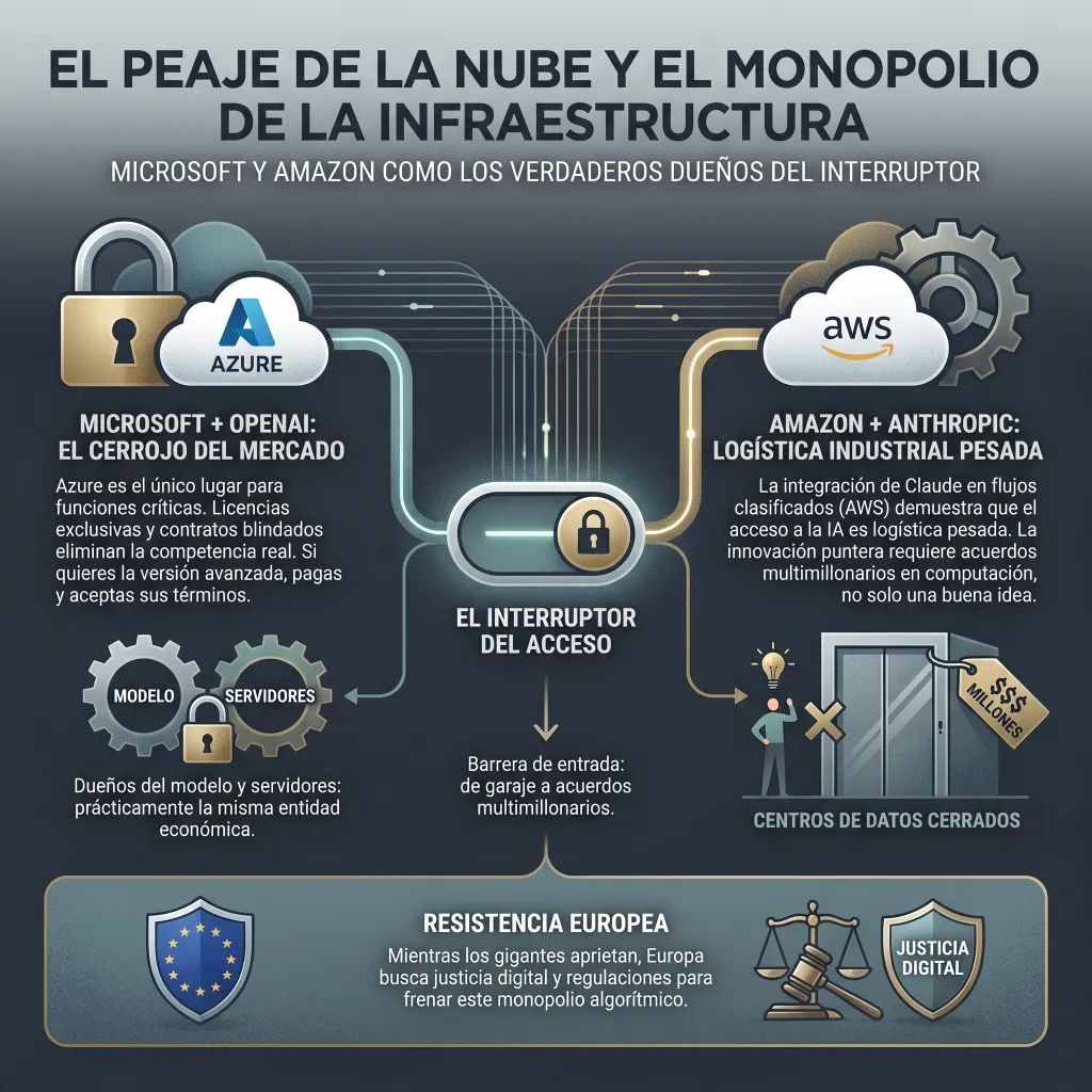 Infografía titulada "El peaje de la nube y el monopolio de la infraestructura", que señala a Microsoft y Amazon como los verdaderos dueños del acceso a la IA. A la izquierda, muestra la alianza Microsoft y OpenAI en Azure como un "cerrojo del mercado"; a la derecha, la unión de Amazon y Anthropic en AWS como "logística industrial pesada" con barreras de entrada multimillonarias. En el centro destaca "El interruptor del acceso", y en la parte inferior resalta la "Resistencia Europea" en busca de justicia digital y regulación contra este monopolio.