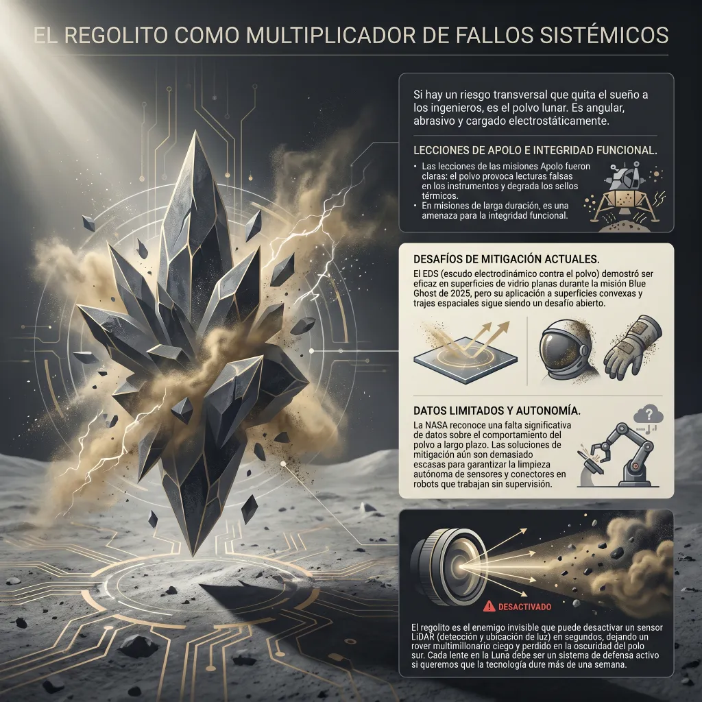 Infografía titulada "El regolito como multiplicador de fallos sistémicos". Describe las propiedades del polvo lunar: angular, abrasivo y cargado electrostáticamente. Se detallan las lecciones de las misiones Apollo, donde el polvo provocó lecturas falsas y degradó sellos térmicos. El gráfico menciona que el escudo de polvo electrodinámico (EDS) funcionó en superficies planas en 2025, pero sigue siendo un reto en superficies convexas y trajes espaciales. Finalmente, advierte que el regolito puede inutilizar sensores LiDAR en segundos, dejando a los rovers ciegos en el polo sur.
